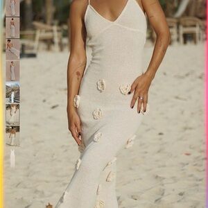 Meshki Cream Textured Dress with Floral Details